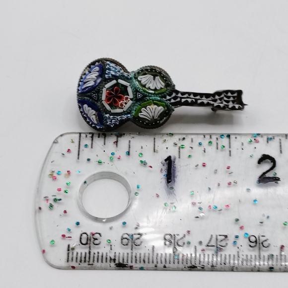 Antique Italian Inlaid Micro Mosaic Colorful Guitar Brooch Pin - Picture 4 of 7